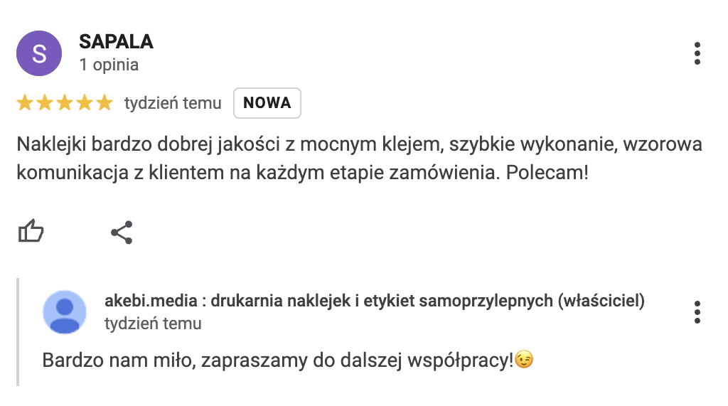 pozytywna opinia Google od klienta SAPALA dla drukarni naklejek akebi