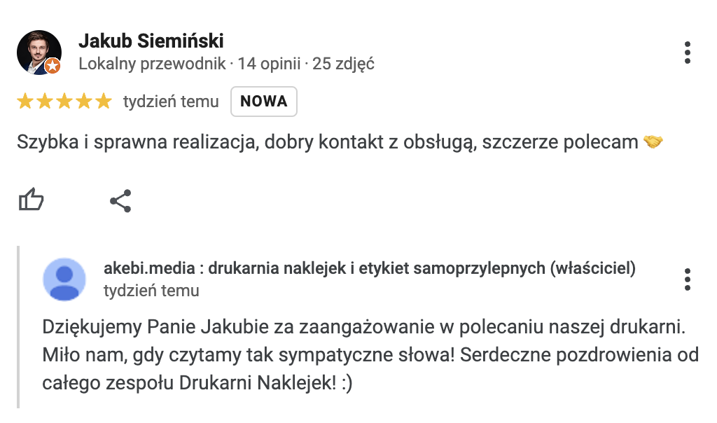 pozytywna opinia Google od klienta dla drukarni naklejek