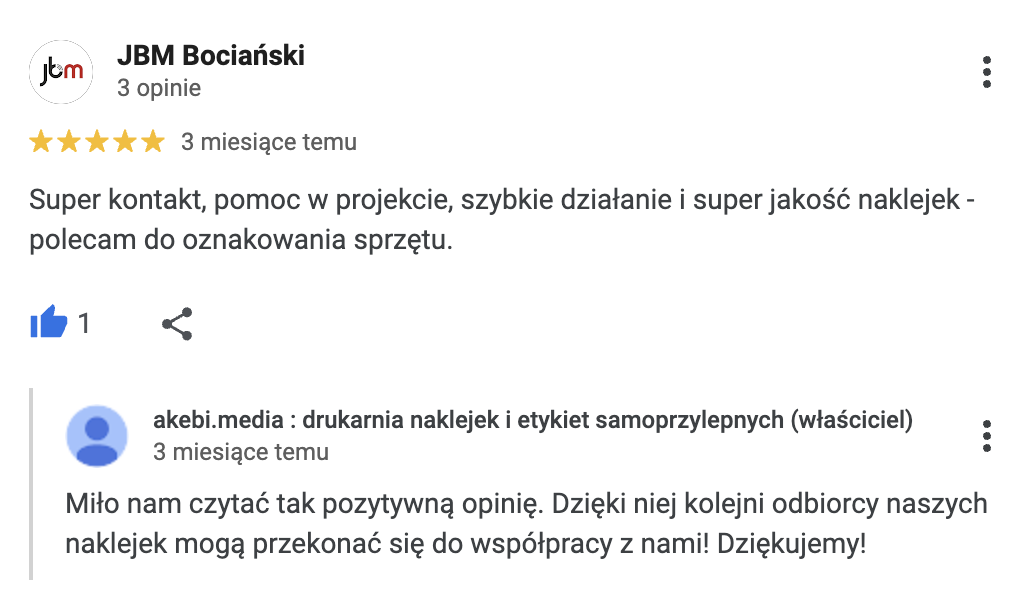 pozytywna opinia Google od klienta dla drukarni naklejek
